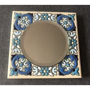 Handmade Painted Cearco Spanish Small Square Tile Round Mirror Blue Floral NWT
